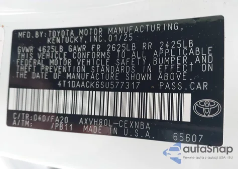2025 Toyota Camry Le z USA, uszkodzony, nr VIN 4T1DAACK6SU577317
